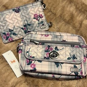 NWT Lug Switch Crossbody Bag And Peekaboo Wristlet in Plaid Floral Pink Gray